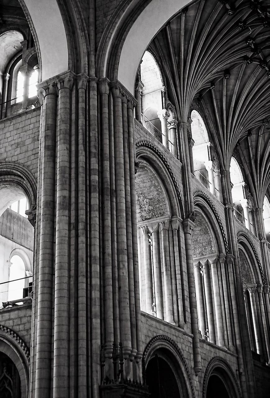 Cathedral interior arches and vaulted ceiling in black and white