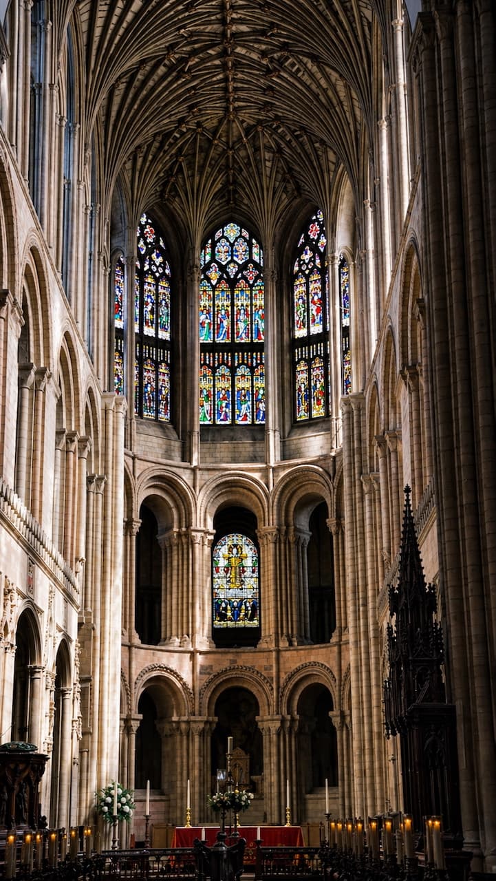 Cathedral nave with stained glass and Gothic vaulting